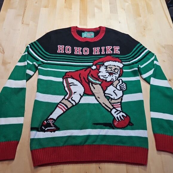 Ho Ho Hike Football Santa Ugly Christmas Sweater Unisex Size Small - Picture 1 of 16